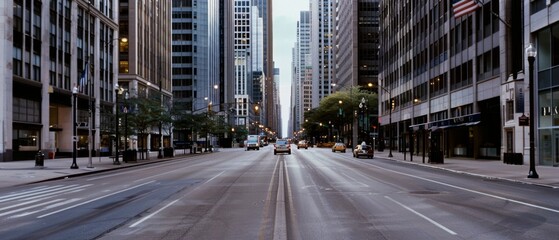 An expansive, quiet city street enveloped by skyscrapers, reflecting the stillness and endless possibilities of a waking urban landscape.