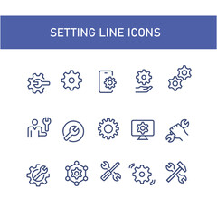 set of gear and setting icon vector line design 