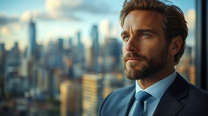 Fototapeta premium Confident Businessman Gazing at City Skyline from High-Rise Office