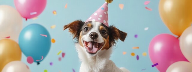 Happy dog celebrates with party hat, colorful balloons, and confetti in a vibrant setting filled with joy and festivities