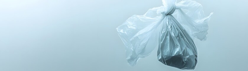 A White Plastic Bag Hanging in Mid-Air Against a Light Blue Background