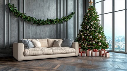 Obraz premium Cozy living room with a Christmas tree, gifts, and elegant decor, perfect for holiday ambiance.