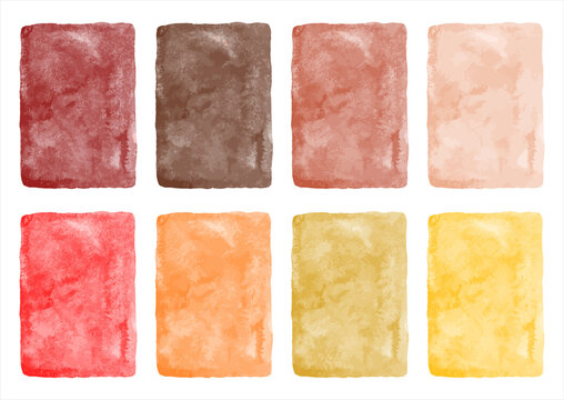 Watercolor hand drawn backgrounds vector set, collection. Red coffee dark brown beige skin color orange yellow mustard watercolour textures with aquarelle stains. Bright painted rectangle A4 templates