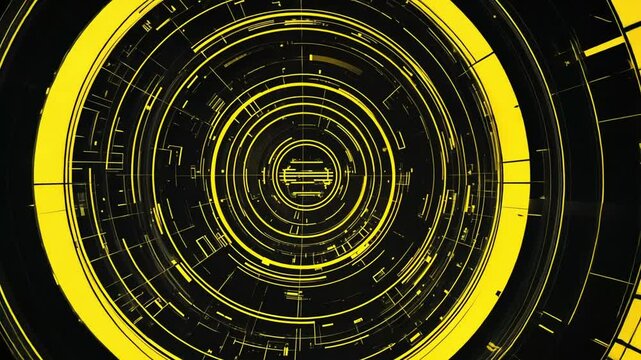 Abstract futuristic yellow digital circuit board with concentric circles on black background.