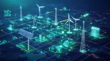 Futuristic energy grid with renewable sources, AI management, and smart infrastructure
