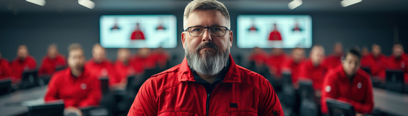 Fototapeta premium Focused professional in red attire, leading a team in a modern conference room.