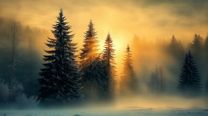 Naklejka premium Majestic winter forest with sun rays piercing through pines and foggy atmosphere