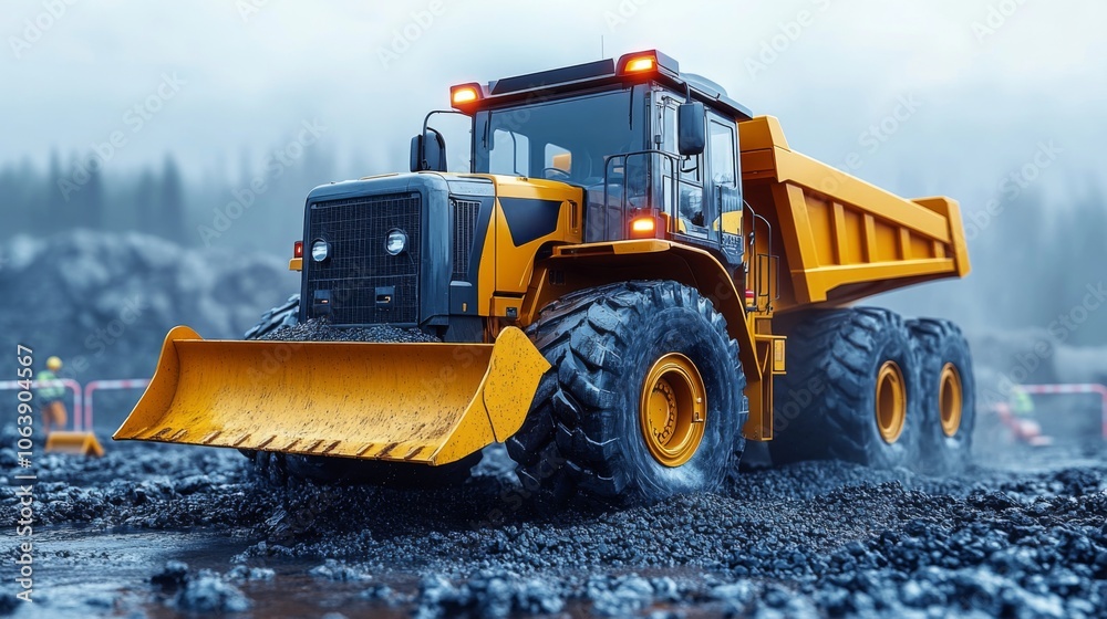 Poster a powerful dump truck is actively transporting materials at a construction site surrounded by fog an