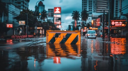 Fototapeta premium A flooded street scene with a warning barrier amid urban buildings and reflections.