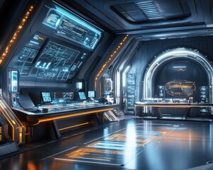 Obraz premium Futuristic research facility studying alien artifacts with advanced tools and holographic displays