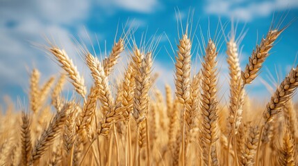 Fototapeta premium Golden wheat field under a blue sky with clouds showcasing ripe ears swaying gently in the breeze during summer harvest season