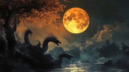 Fototapeta premium A dramatic fantasy landscape features three imposing dragons emerging from a dark, lush forest near a shimmering body of water. The scene is illuminated by a large, glowing full moon that casts a silv