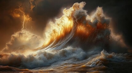 A large wave crashes against a stormy sky with lightning striking in the distance.