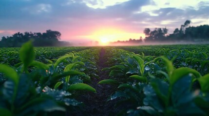 Rows of tea plants with morning mist and the first light of day breaking over the horizo