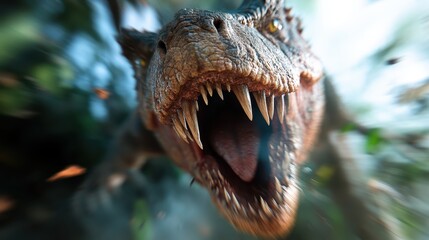 A ferocious dinosaur with sharp teeth roars menacingly in a blurred, lush jungle environment,...