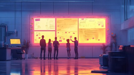 Team Brainstorming -  Modern Office Design with Sticky Notes and Whiteboard