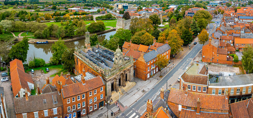 Aerial view of Newark-on-Trent, a market town and civil parish in the Newark and Sherwood district in Nottinghamshire, England © Alexey Fedorenko