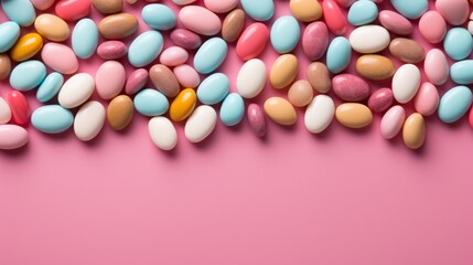 Obraz premium A vibrant collection of pastel-colored candy arranged in a row, creating a colorful and whimsical border against a soft pink background.