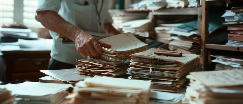 Amidst stacks of papers, a person efficiently manages and sorts documents in a bustling office, capturing the essence of productivity and focus.