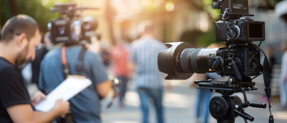 A bustling outdoor setting with professional camera equipment captures the vibrant energy of an event in progress.