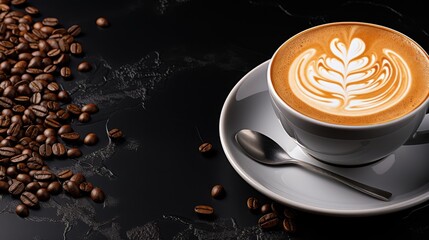 Aromatic cup of coffee with a delicate latte art design, surrounded by scattered coffee beans on a black surface.