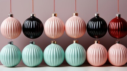 A festive display of hanging ornaments, featuring delicate ribbed designs in a variety of colors, from soft pastels to deep hues, creates a captivating visual contrast.