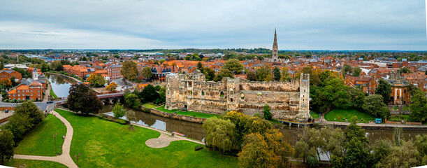 Aerial view of Newark-on-Trent, a market town and civil parish in the Newark and Sherwood district in Nottinghamshire, England © Alexey Fedorenko