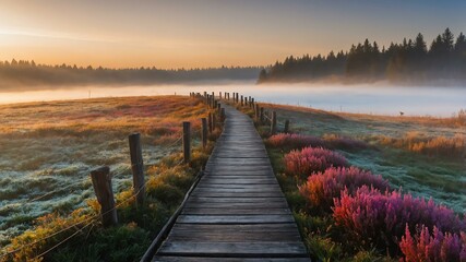 Fototapeta premium winter wooden pathway on a colorful meadow with morning fog background
