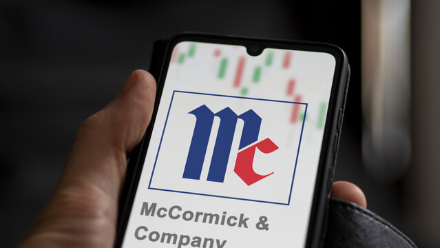 April 09th 2024 , Hunt Valley, Maryland. Close up on logo of McCormick & Company on the screen of an exchange. McCormick & Company price stocks, $MKC on a device.
