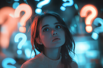 Confused young woman surrounded by floating question marks, soft lighting, dreamy aesthetic