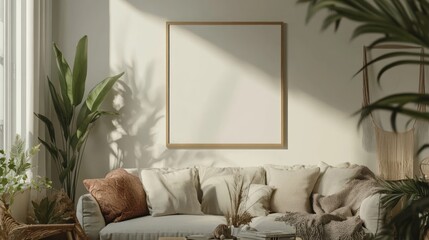 Cozy living room with neutral tones, plants, and a blank frame for artwork.