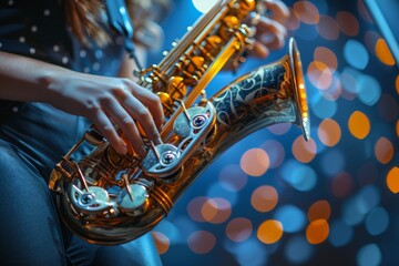 Dynamic close up of a passionate black saxophonist playing vigorously with text space available