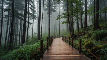 Obraz premium summer wooden pathway on a strange forest with morning fog background
