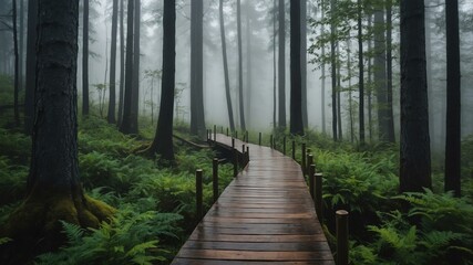 Fototapeta premium summer wooden pathway on a strange forest with morning fog background