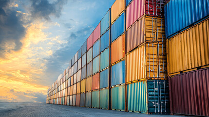 colorful shipping containers at sunset on a dock