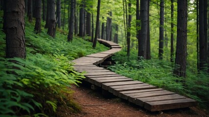 summer wooden pathway on a strange forest background