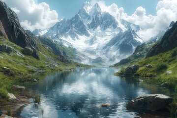 Fototapeta premium Majestic Mountain Landscape with Serene Lake Reflection