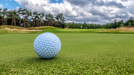 Obraz premium A close-up view of a golf ball on a green, with trees and a cloudy sky in the background.