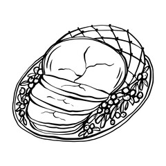 Cinnamon holiday ham with cranberries doodle drawing, festive dinner dish, sketch style vector illustration