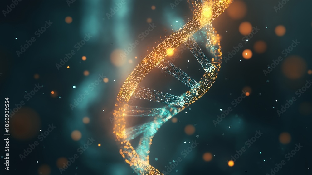 Poster dna spiral created from glowing data particles. open space on the background