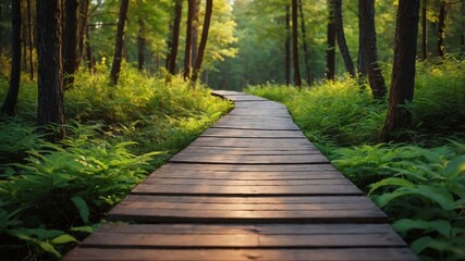 summer wooden pathway on a colorful forest background