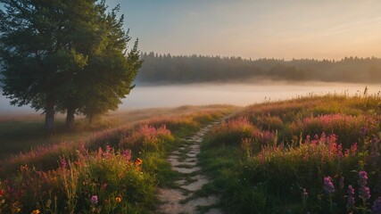 summer pathway on a colorful meadow with morning fog background