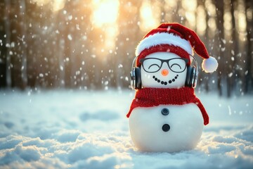 Fototapeta premium Funny snowman listening to music with headphones in winter forest.