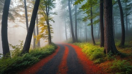 Obraz premium summer pathway on a colorful forest with morning fog background