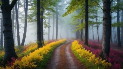 Obraz premium summer pathway on a colorful forest with morning fog background