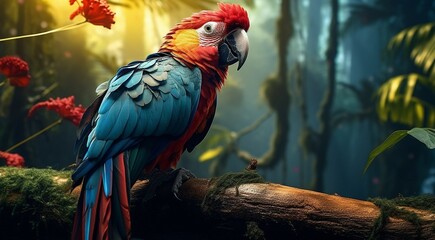 Fototapeta premium close-up of a tropical wild bird in the forest, tropical wild bird, wild bird in the forest, bird sitting on the tree