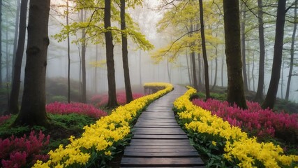 Fototapeta premium spring wooden pathway on a colorful forest with morning fog background