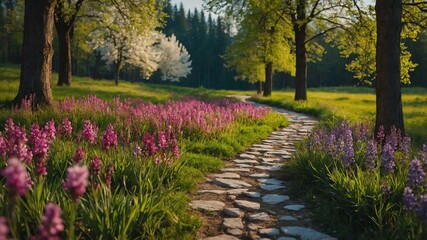 spring stony pathway on a colorful meadow background