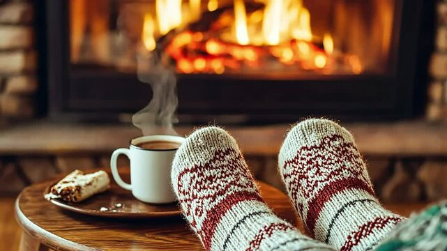 Cozy winter scene with a warm mug of hot chocolate, a knitted blanket, and a crackling fireplace.