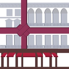 Illustration of the shop front, and cafe with Christmas decorations on the white background	
